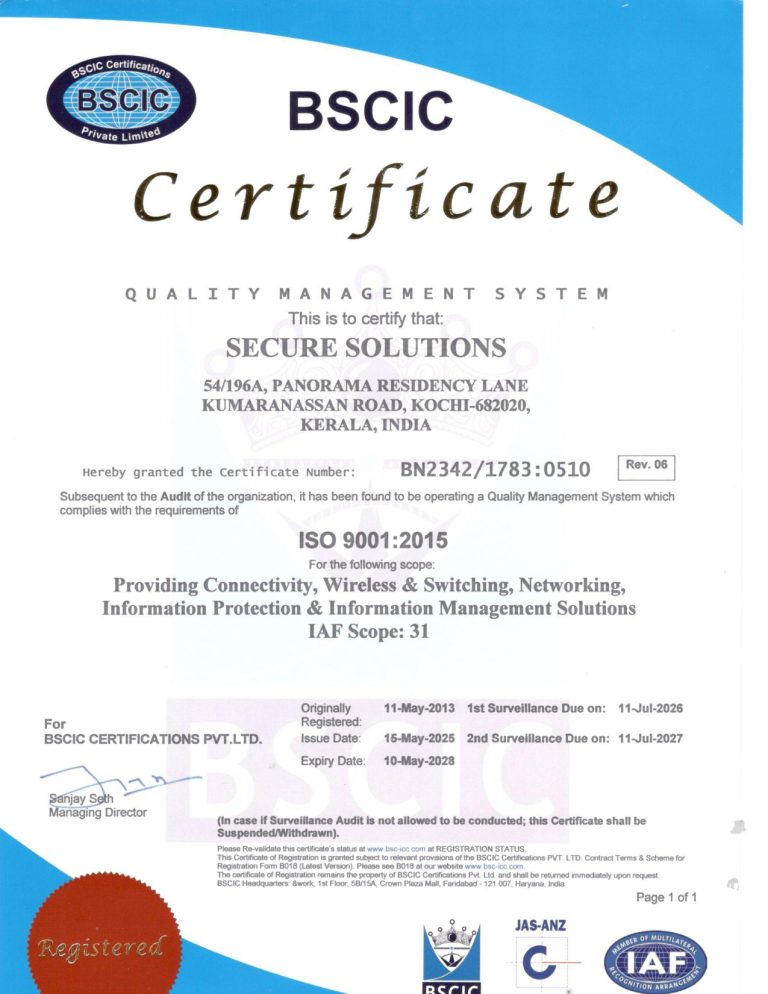 ISO 9001:2015 Quality Management System certificate, BSCIC Certifications