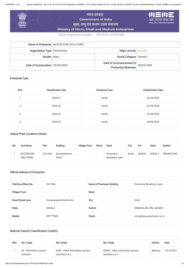 Udyam (MSME) registration certificate, Ministry of MSME, Government of India